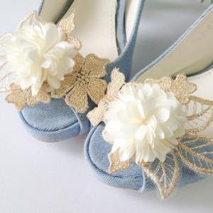 Gold Lace Leaves Flower Shoe Clips,set Of 2