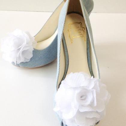 1 Pair(set Of 2)-pure White-chiffon Flower Shoe..