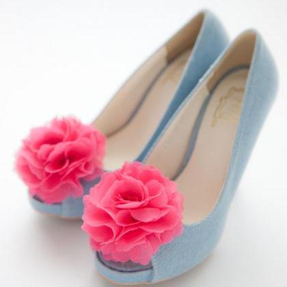 1 Pair(set Of 2)-fuchsia Pink-chiffon Flower Shoe..