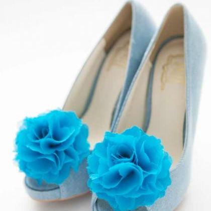 1 Pair (set Of 2) Aqua Blue Chiffon Flower Shoe..