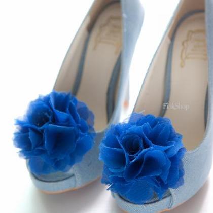 1 Pair (set Of 2) Royal Blue Chiffon Flower Shoe..