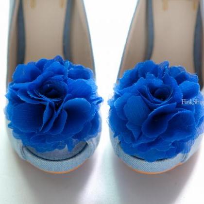 1 Pair (set Of 2) Royal Blue Chiffon Flower Shoe..