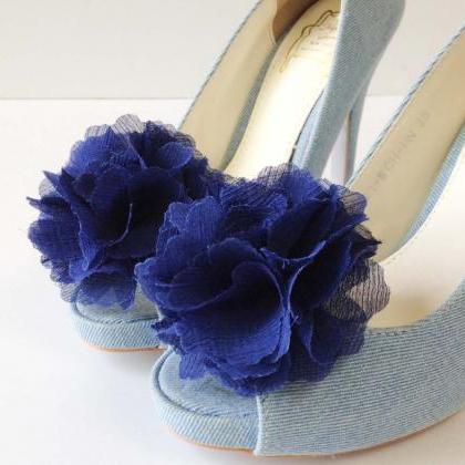 1 Pair (set Of 2) Navy Blue Chiffon Flower Shoe..