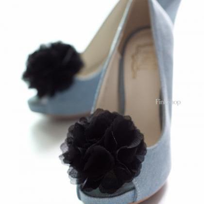 1 Pair (set Of 2) Black Chiffon Flower Shoe Clips..