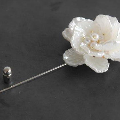 Pearl Beads Flower Men Boutonniere Lapel Pin, Tie..