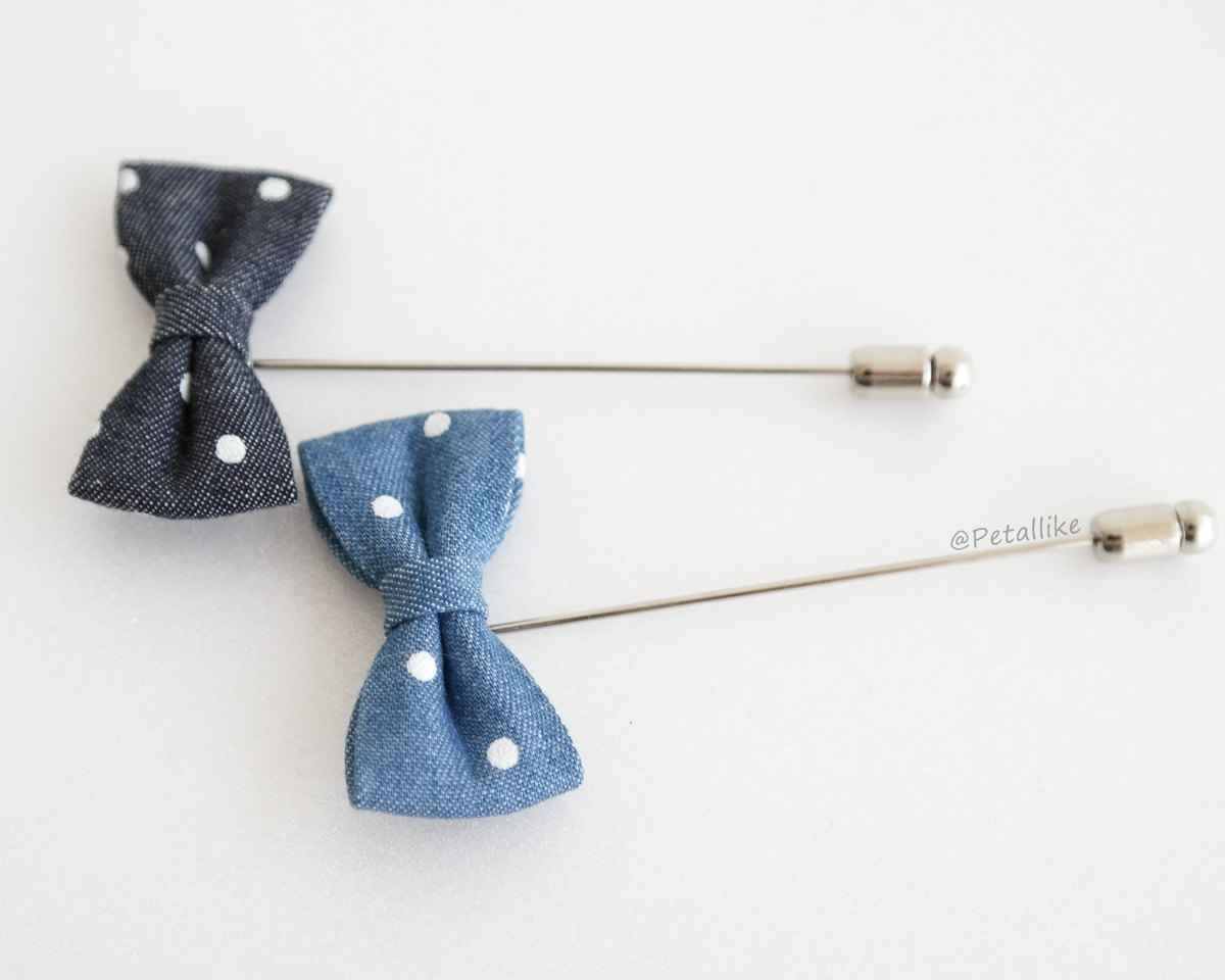 Mini Denim blue Polka dot Bow Men's Boutonniere / Buttonhole For Wedding,Lapel Pin,Tie Pin