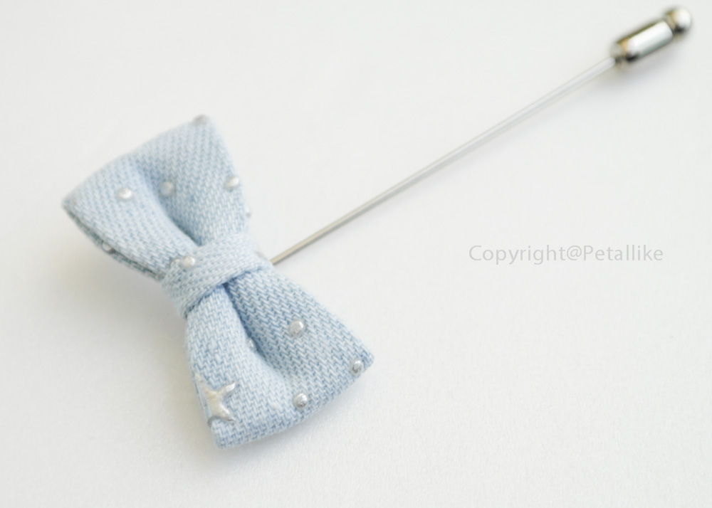 Mini Light Blue denim silver dot Bow Men's Boutonniere Lapel Pin,Tie Pin