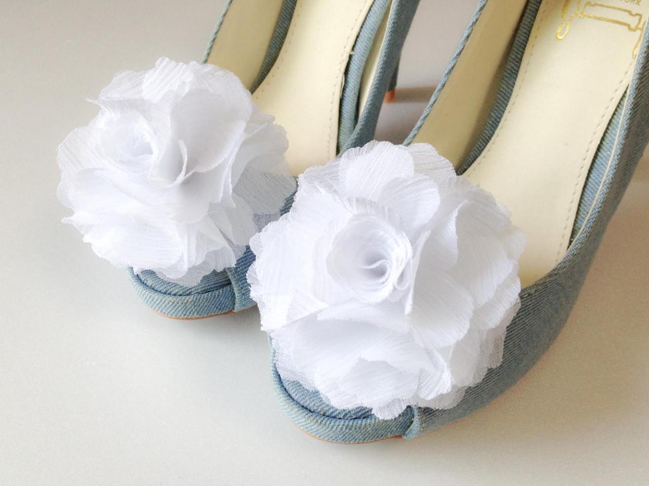 1 Pair(set Of 2)-pure White-chiffon Flower Shoe Clips For Bridal Wedding/choose Your Color