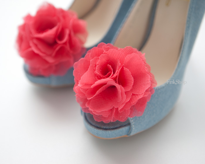1 Pair(set Of 2)-guava Pink-chiffon Flower Shoe Clips For Bridal Wedding/choose Your Color