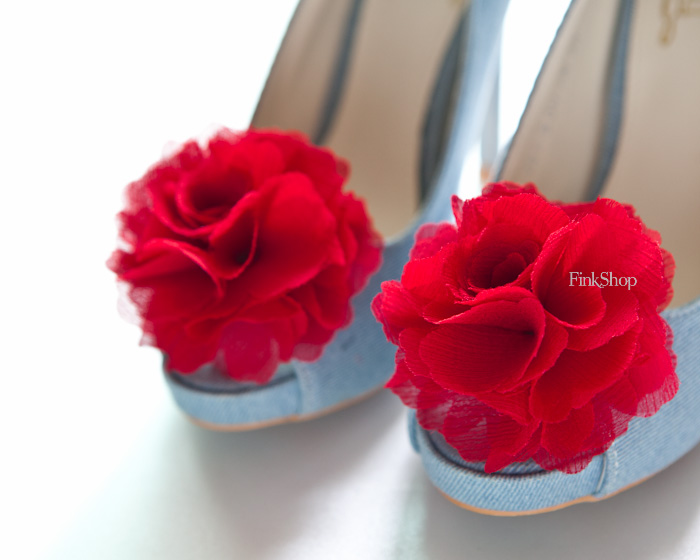 1 Pair(Set of 2)-RED-Chiffon flower shoe clips for bridal wedding/Choose your color