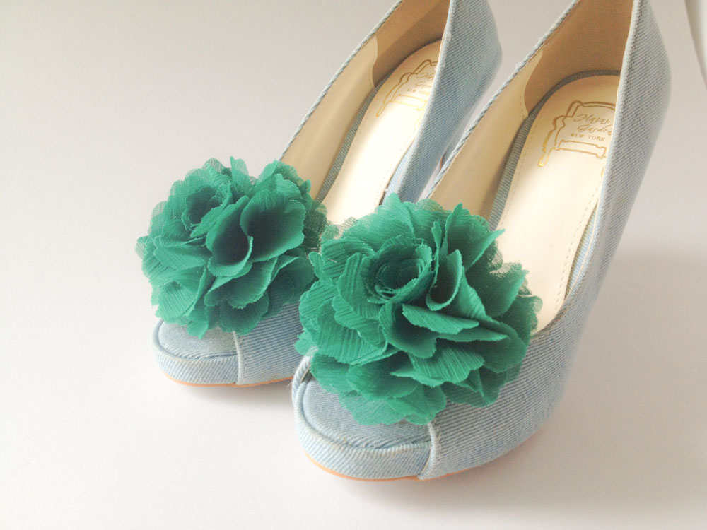 1 Pair (set Of 2) Emerald Green Chiffon Flower Shoe Clips For Bridal Wedding /choose Your Color