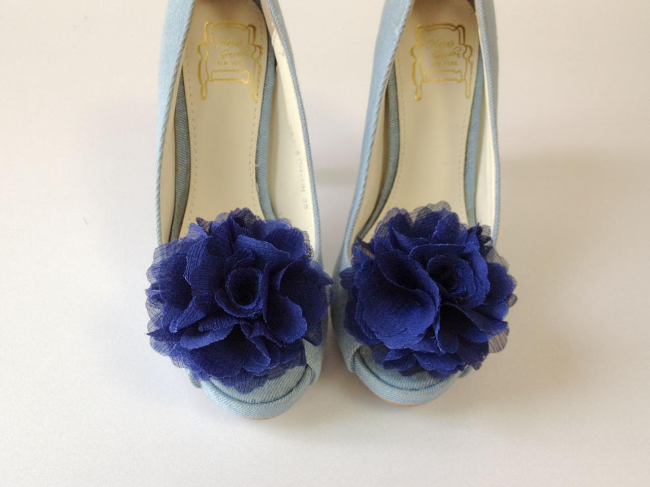 1 Pair (set Of 2) Navy Blue Chiffon Flower Shoe Clips For Bridal Wedding /choose Your Color