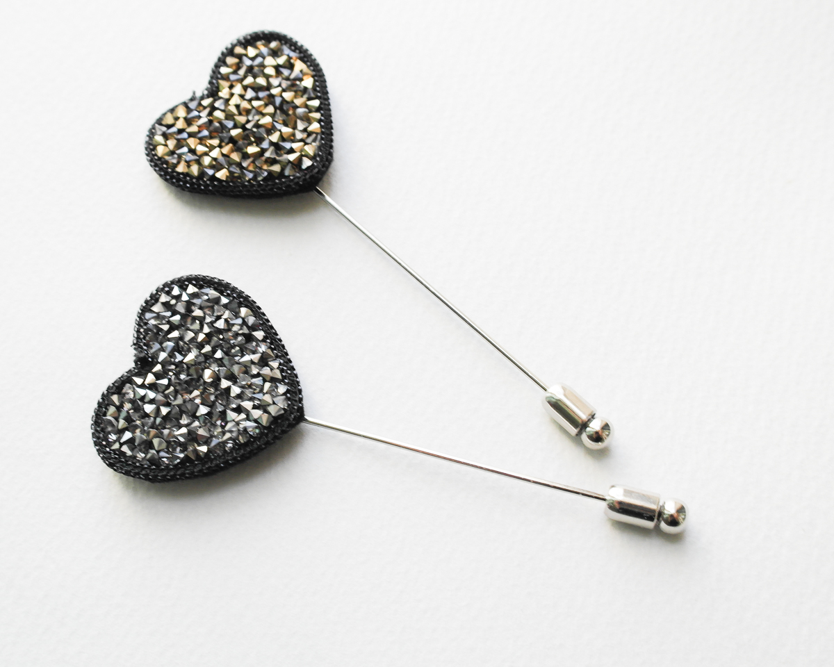 Sparkle Glass Stone Heart Men Boutonniere Lapel Pin, Tie Pin, Stick Pin For Men's Gift.