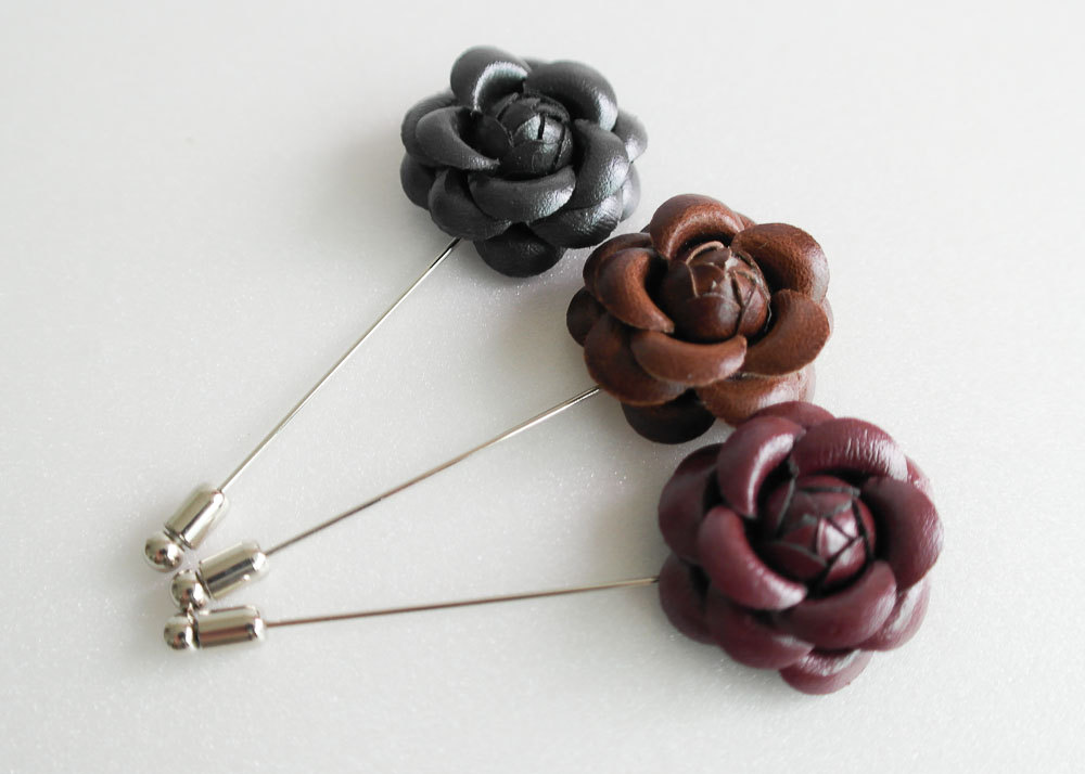 Leather Camellia Flower Boutonniere/buttonhole For Wedding,lapel Pin,hat Pin,tie Pin