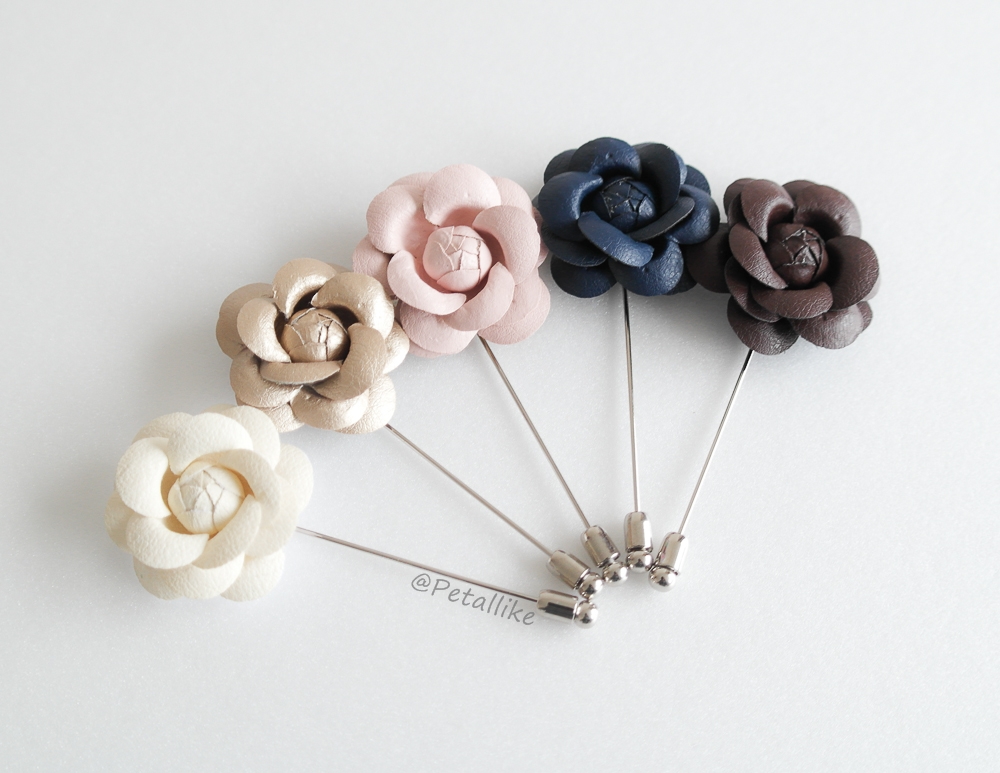 40mm Leather Camellia Flower Boutonniere/Buttonhole For Wedding,Lapel Pin,Hat Pin,Tie Pin