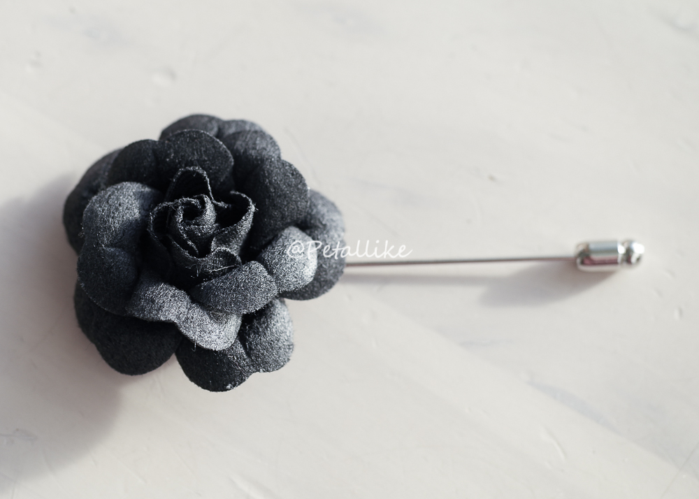Black Wool Camellia Flower Boutonniere Lapel Pin