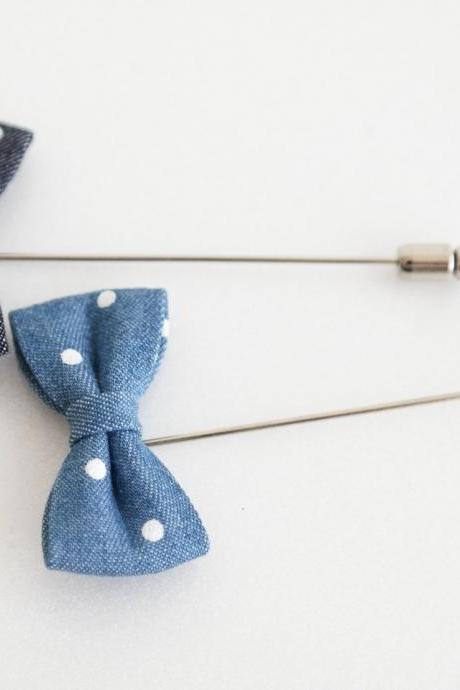 Mini Denim blue Polka dot Bow Men's Boutonniere / Buttonhole For Wedding,Lapel Pin,Tie Pin